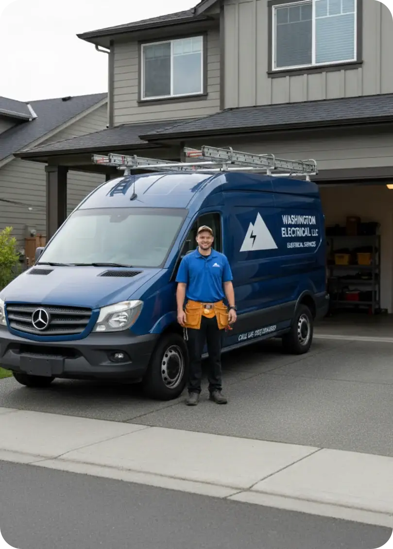 Washington Electrical LLC technician standing in front of the company's blue service van in a residential driveway.
