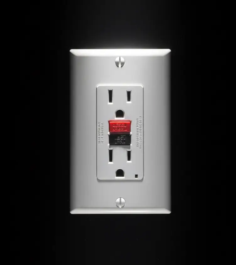 Close-up of a GFCI electrical outlet with reset and test buttons on a black background.