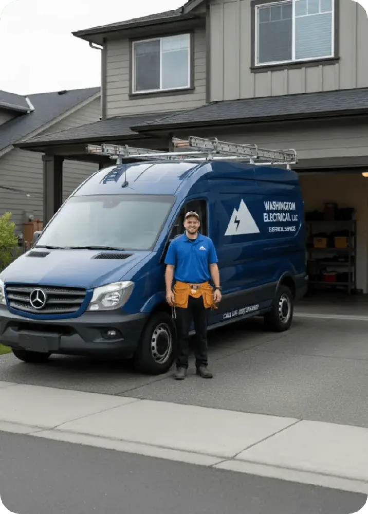 Washington Electrical LLC technician standing in front of the company's blue service van in a residential driveway.
